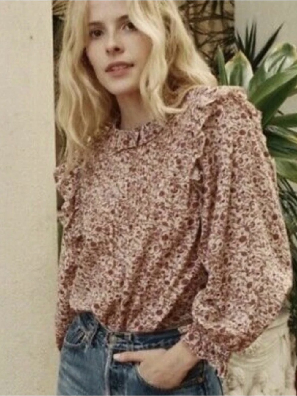 DOEN Fleur Floral Smocked Ruffle Blouse Top Size M Fall Autumn Photos